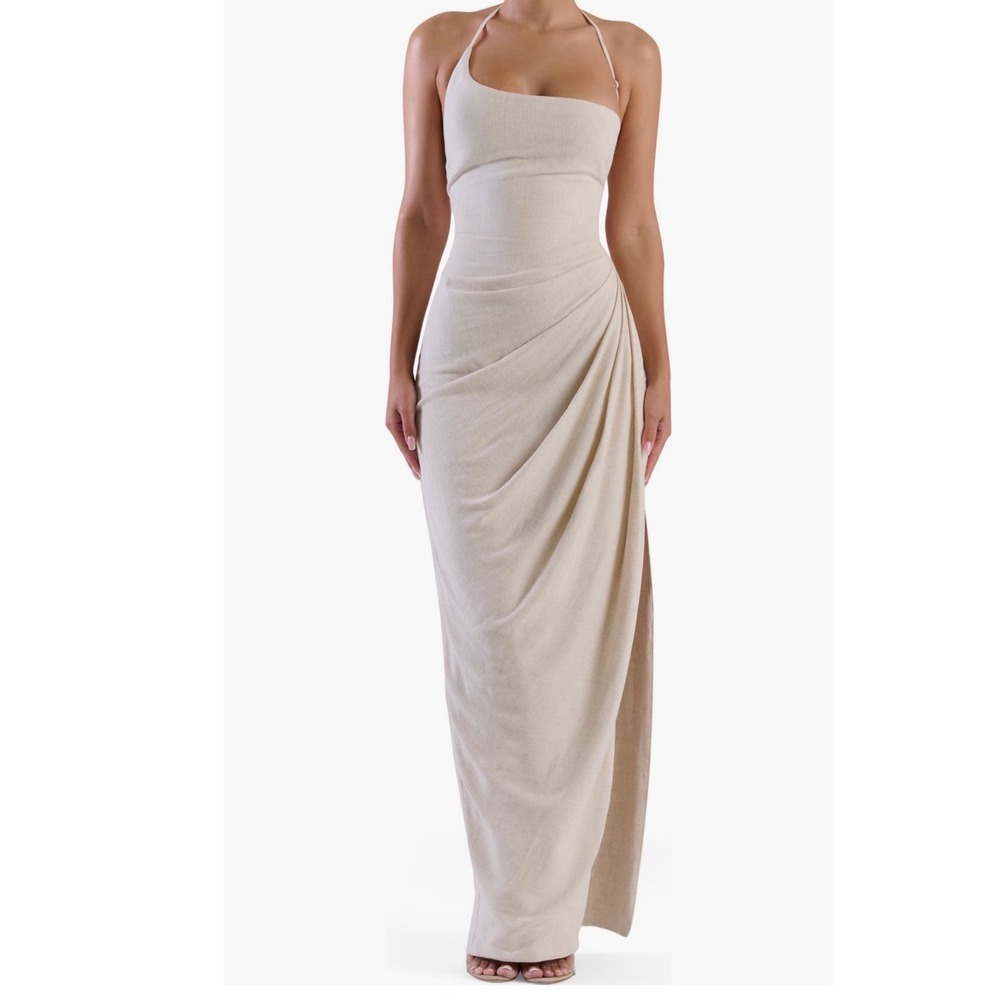Naked Wardrobe Linen Asymmetric Draped Lace Up Back Maxi Dress Oatmeal XS NEW